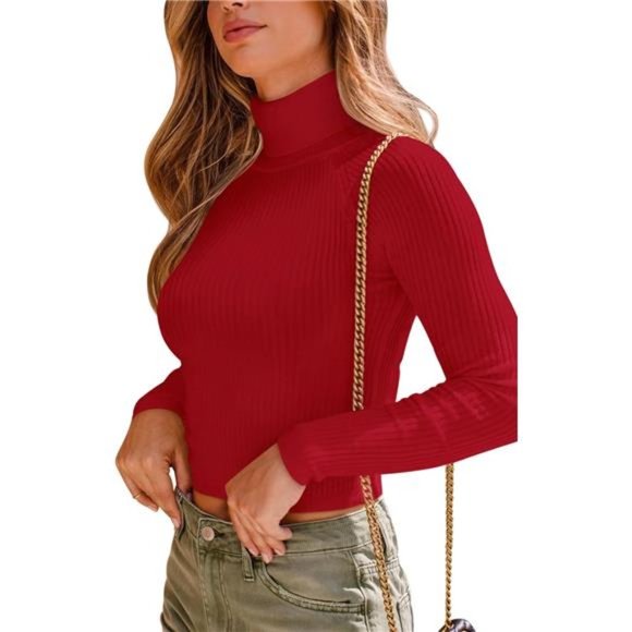 Mock Turtle Neck Long Sleeve Tight Ribbed Tops Cropped Sweaters For Women - Picture 3 of 6